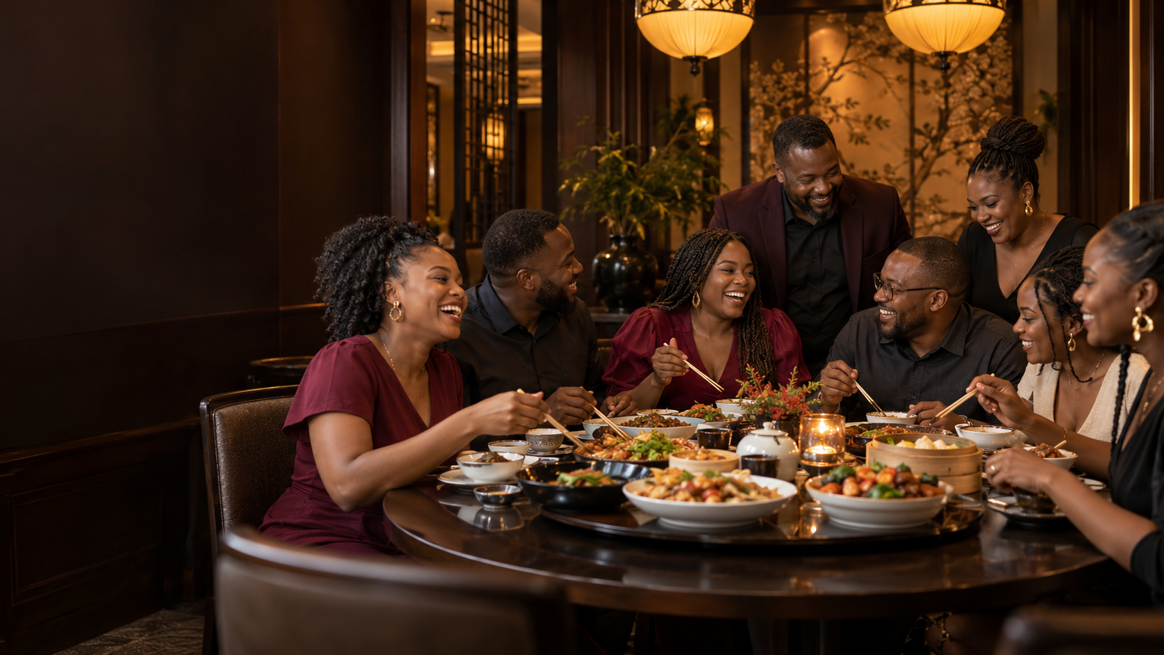 Friends sharing a joyful meal together